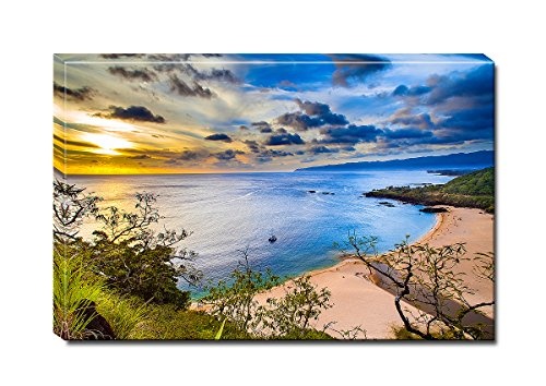 Berger Designs - Wandbild auf Leinwand als Kunstdruck in verschiedenen Größen. Sonnenuntergang am Strand von Hawaii Waimea Beach Oahu. Beste Qualität aus Deutschland (120 x 80 cm BxH)
