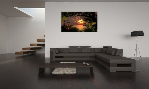 Berger Designs Wandbild (Sunset_Lagoon-50x70cm) Bild auf Leinwand als Kunstdruck mit Holzrahmen hinten.Bild Motiv (Natur Sonnenuntergang Lagune See Meer Bäume Palmen). 100% Made in Germany