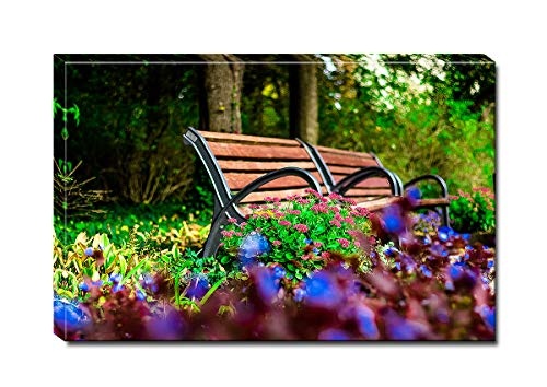 Berger Designs - Wandbild auf Leinwand ALS Kunstdruck in Verschiedenen Größen. Garten Blumen mit Park Bank Qualität aus Deutschland - by Meilleur Capturé (120 x 80 cm (BxH))