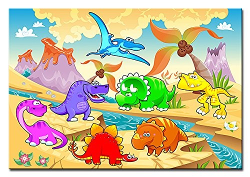 Berger Designs - Wandbild für das Kinderzimmer auf Leinwand als Kunstdruck in verschiedenen Größen. Lustige Comic Dinosaurier. Beste Qualität aus Deutschland (60 x 40 cm (BxH))