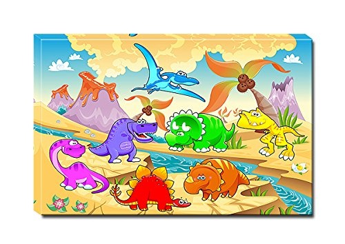 Berger Designs - Wandbild für das Kinderzimmer auf Leinwand als Kunstdruck in verschiedenen Größen. Lustige Comic Dinosaurier. Beste Qualität aus Deutschland (60 x 40 cm (BxH))