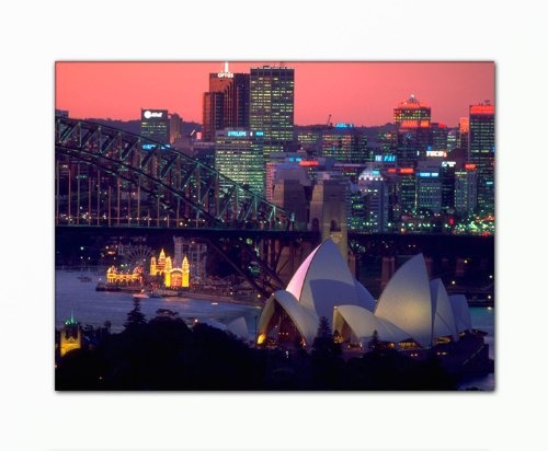 Berger Designs Stadtbild (Sydney Skyline-60x80cm) Bild auf Leinwand als Kunstdruck mit Rahmen aus Holz. Bild Motiv (Stadt Nacht Brücke Wolkenkratzer).100% Made in Germany - Qualität aus Deutschland