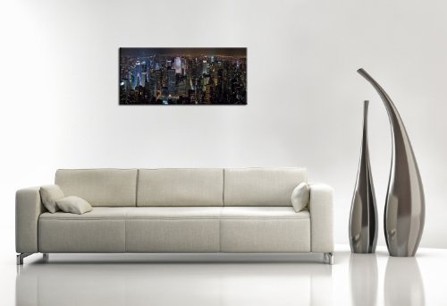 Berger Designs Foto (Skyline_New_York_City-40x110cm) Bild auf Leinwand als Kunstdruck mit Rahmen aus Holz. Bild Motiv (New York Nacht Wolkenkratzer) 100% Made in Germany - Qualität aus Deutschland.