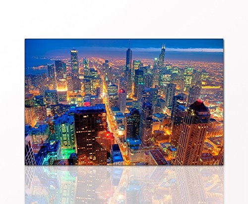 Stadtbild "Chicago Skyline" 70 x 110cm auf Leinwand und Holzkeilrahmen (Stadt, Chikago, Skyline, Nacht, bunte Lichter, Wolkenkratzer,) - Beste Qualität, handgefertigt in Deutschland - Ganz einfach auspacken, aufhängen und freuen -