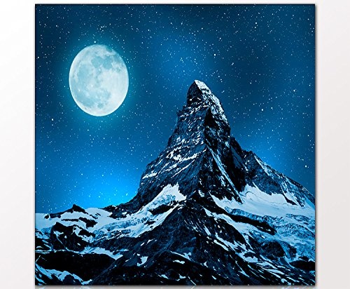 Wandbild "Matterhorn" 80 x 80cm auf Leinwand und Holzkeilrahmen (Natur, Berg, Matterhorn, Schnee, Alpen, Nacht, Mond) - Beste Qualität, handgefertigt in Deutschland - Ganz einfach auspacken, aufhängen und freuen