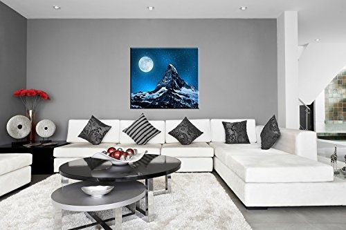 Wandbild "Matterhorn" 80 x 80cm auf Leinwand und Holzkeilrahmen (Natur, Berg, Matterhorn, Schnee, Alpen, Nacht, Mond) - Beste Qualität, handgefertigt in Deutschland - Ganz einfach auspacken, aufhängen und freuen