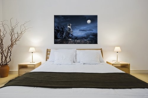 Berger Designs Wandbild Cat looking at the moon 70x110 cm auf Leinwand und Holzkeilrahmen - Beste Qualität, handgefertigt in Deutschland