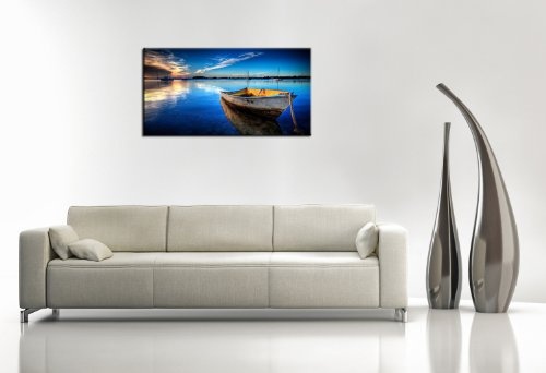 Berger Designs Bild auf Leinwand - modern Art Design (Blue_Sea - 70x120 cm) Kunstdruck auf Rahmen mit Bilder Motiv (Natur Strand Meer Boot Sonne blau) Beste Qualität, handgefertigt in Deutschland.