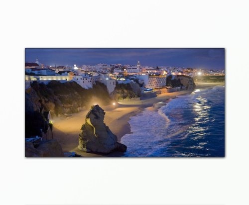 SENSATIONSPREIS! Bild auf Leinwand - modern Art Design (albufeira-60x110cm) Kunstdruck auf Rahmen mit Bilder Motiv (Stadt Albufeira Küstenlandschaft Dämmerung Meer Felsen Urlaub) . Schnäppchen, ideal als Geschenk für Familie & Freunde. Schöner wohnen mit