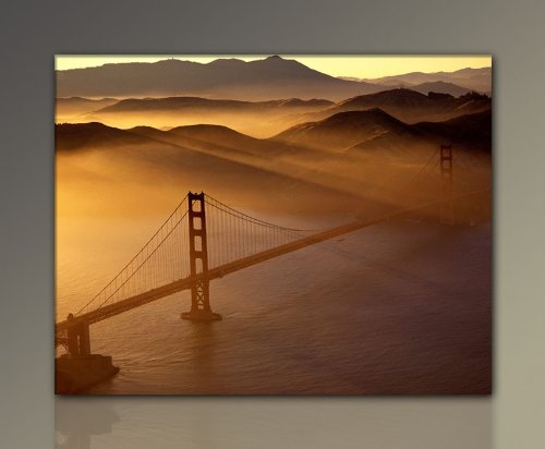Berger Designs Bild auf echter Leinwand BESPANNT & GERAHMT (Golden Gate Bridge 70x90 cm) Bilder fertig gerahmt mit Keilrahmen. Ausführung Kunstdruck als Wandbild mit Rahmen.