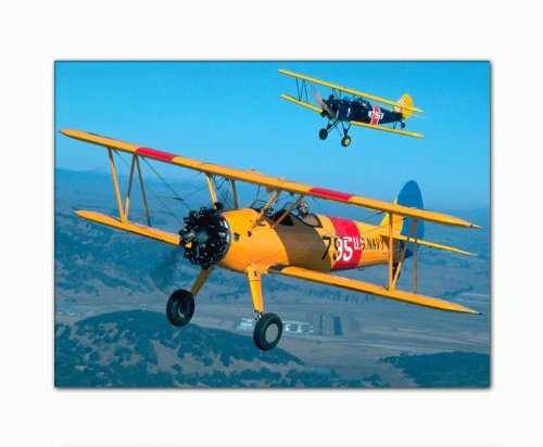 BERGER DESIGNS - Bild auf Leinwand - modern Art Design (Biplane - 60x80 cm) Kunstdruck auf Rahmen mit Bilder Motiv (U.S.Navy Flugzeuge Propeller gelb rot schwarz) . Beste Qualität, handgefertigt in Deutschland.