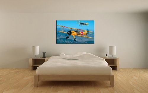 BERGER DESIGNS - Bild auf Leinwand - modern Art Design (Biplane - 60x80 cm) Kunstdruck auf Rahmen mit Bilder Motiv (U.S.Navy Flugzeuge Propeller gelb rot schwarz) . Beste Qualität, handgefertigt in Deutschland.
