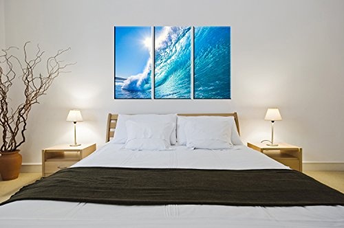 Berger Designs Naturbild als 3 teiliger Kunstdruck Blue Ocean Wave 80x125 cm (3 x 40x80 cm) auf Leinwand und Holzkeilrahmen - Beste Qualität, handgefertigt in Deutschland