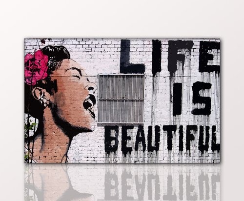 Berger Designs Street Art Wandbild von Banksy Life is Beautiful auf Leinwand und Holzkeilrahmen Handgefertigt in Deutschland (80 x 120 cm)