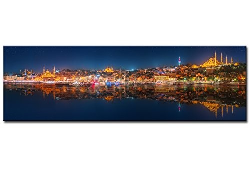 Berger Designs - Wandbild auf Leinwand als Kunstdruck in verschiedenen Größen. Panorama von Istanbul bei Nacht. Beste Qualität aus Deutschland (120 x 40 cm BxH)