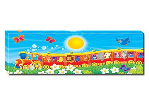 Berger Designs - Wandbild für das Kinderzimmer auf Leinwand als Kunstdruck in verschiedenen Größen. Lustiger Zug mit Tieren. Beste Qualität aus Deutschland (90 x 30 cm (BxH))