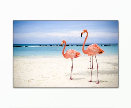 BERGER DESIGNS - Wandbild xxl günstig & modern (Flamingos 70x110 cm) Deko Bilder fertig gerahmt mit Keilrahmen. Ausführung schöner Kunstdruck auf echter Leinwand als Wandbild mit Rahmen. Picture Style (Flamingos Sandstrand Meer). 100% Made in Germany
