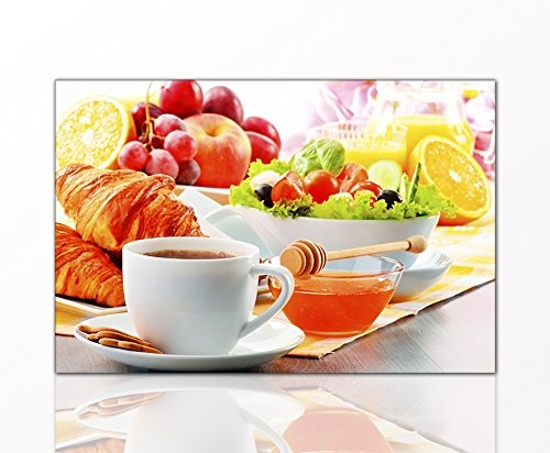 BERGER DESIGNS - Küchenbild "Breakfast" 40 x 60cm auf Leinwand und Holzkeilrahmen (Küche, Frühstück, Tasse Kaffee, Obst, Früchte, Vitamine, Ernährung) - Beste Qualität, handgefertigt in Deutschland - Ganz einfach auspacken, aufhängen und freuen.