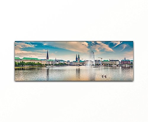 Bilderfabrik - Kunstdruck Hamburg City - auf Leinwand und Holzkeilrahmen bespannt. Beste Qualität, handgefertigt in Deutschland. (40 x 120 cm)