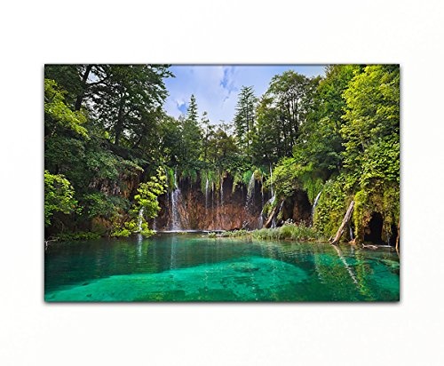 Bilderfabrik - Kunstdruck Wald-Wasserfall - auf Leinwand und Holzkeilrahmen bespannt. Beste Qualität, handgefertigt in Deutschland. (80 x 120 cm)