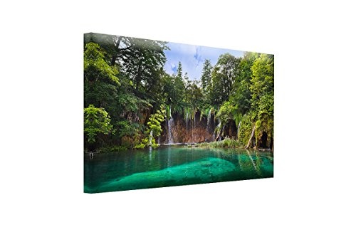 Bilderfabrik - Kunstdruck Wald-Wasserfall - auf Leinwand und Holzkeilrahmen bespannt. Beste Qualität, handgefertigt in Deutschland. (80 x 120 cm)