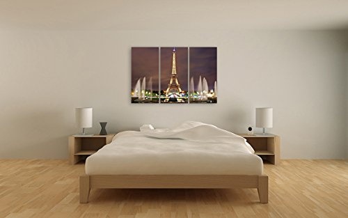 Bilderfabrik - Eiffelturm bei Nacht - auf Leinwand und Holzkeilrahmen bespannt. Beste Qualität, handgefertigt in Deutschland. (3x 40x80 cm)