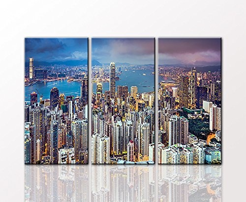 BERGER DESIGNS - Stadtpanorama als 3 teiliger Kunstdruck "Hong Kong" 80 x 125cm (3x 40x80 cm) auf Leinwand und Holzkeilrahmen (Stadt, Hong Kong, Asien, moderne Skyline, Wolkenkratzer, Wasser, Dämmerung) - Beste Qualität, handgefertigt in Deutschland