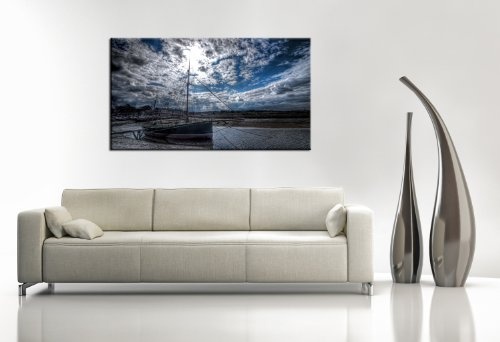 SENSATIONSPREIS! Bild auf Leinwand - modern Art Design (amazing_boat-60x100cm) Kunstdruck auf Rahmen mit Bilder Motiv (Natur Boot Wasser Land Wolken Dämmerung) . Schnäppchen, ideal als Geschenk für Familie & Freunde. Schöner wohnen mit Foto als Bild - Pic