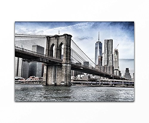 Bilderfabrik - Bild -Brooklyn Bridge- auf Leinwand und Holzkeilrahmen bespannt. Beste Qualität, handgefertigt in Deutschland. (80x120 cm)