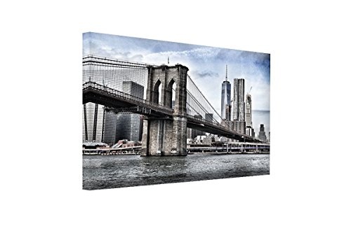 Bilderfabrik - Bild -Brooklyn Bridge- auf Leinwand und Holzkeilrahmen bespannt. Beste Qualität, handgefertigt in Deutschland. (80x120 cm)