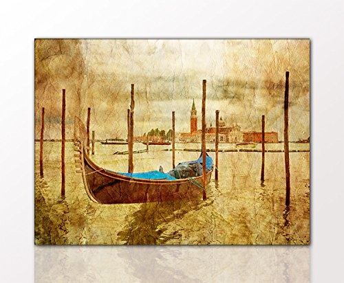 Wandbild "Boat in Venice" 60 x 80cm auf Leinwand und Holzkeilrahmen (Stadt, Venedig, Gondel, Landschaft, Wasser, Vintage, Retro) - Beste Qualität, handgefertigt in Deutschland - Ganz einfach auspacken, aufhängen und freuen -