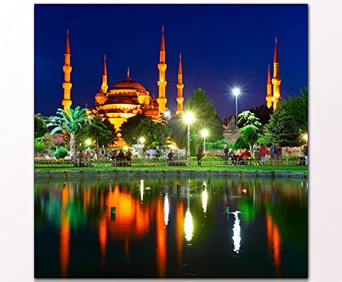 Wandbild "Blue Mosque Istanbul" 80 x 80cm auf Leinwand und Holzkeilrahmen (Stadt, Istanbul, Moschee, Sehenswürdigkeit, Nacht, Bäume, Palmen, Wasser) - Beste Qualität, handgefertigt in Deutschland - Ganz einfach auspacken, aufhängen und freuen