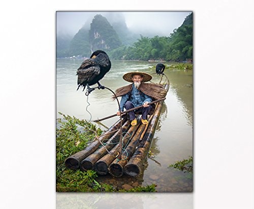 Wandbild "Chinesischer Fischer" 100 x 70cm-Ansicht auf Leinwand und Holzkeilrahmen (Natur, Landschaft, Fischer, Asien, Floß, Wasser, Berge, Vogel) - Beste Qualität, handgefertigt in Deutschland - Ganz einfach auspacken, aufhängen und freuen -