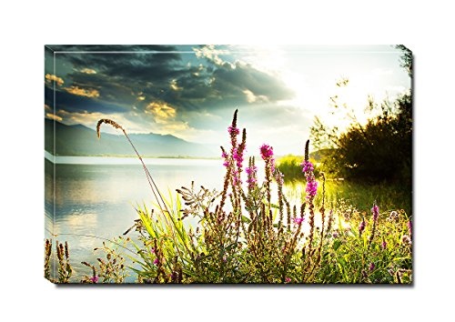 Bilderfabrik - Naturbild - Blumen am Wasser 40 x 60 cm Druck auf Leinwand und Holzkeilrahmen bespannt. Beste Qualität, handgefertigt in Deutschland. (40 x 60 cm)