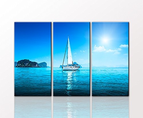 Naturbild als 3 teiliger Kunstdruck "blue water oceant" 80 x 125cm (3x40x80cm) auf Leinwand und Holzkeilrahmen (Natur, Landschaft, Küste, Meer, Segelboot, Felsen, Sonne) - Beste Qualität, handgefertigt in Deutschland - Ganz einfach auspacken, aufhängen un