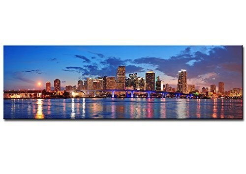 Berger Designs BILDERFABRIK - Wandbild Miami-Skyline 40x120 cm als XXL Panorama Kunstdruck auf Leinwand und Holzkeilrahmen