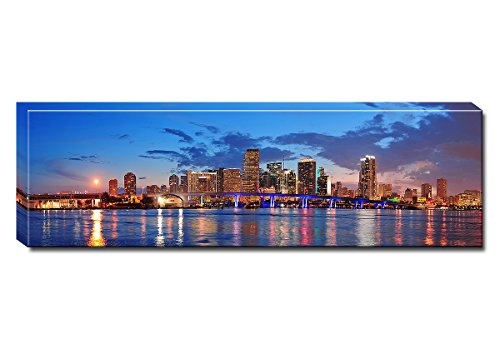 Berger Designs BILDERFABRIK - Wandbild Miami-Skyline 40x120 cm als XXL Panorama Kunstdruck auf Leinwand und Holzkeilrahmen