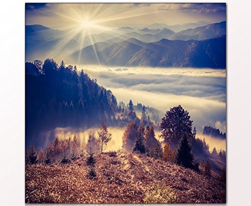 Berger Designs Landschaftsbild autumn morning 80x80 cm auf Leinwand und Holzkeilrahmen (Natur, Landschaft, Berge, Nebel, Wald, Sonnenstrahlen) - Beste Qualität, handgefertigt in Deutschland.