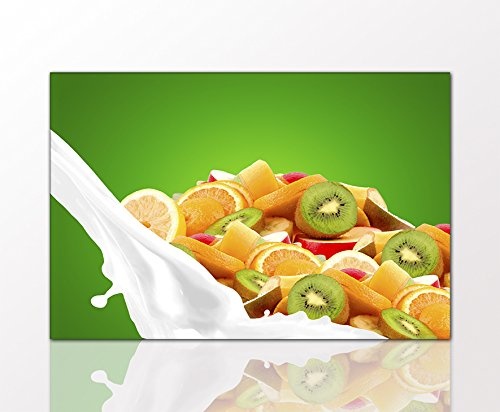 Küchenbild "Früchte" 40 x 60cm auf Leinwand und Holzkeilrahmen (Küchenbild, Obst, Früchte, Vitamine, Milch, Obstsalat, gesunde Ernährung) - Beste Qualität, handgefertigt in Deutschland - Ganz einfach auspacken, aufhängen und freuen -