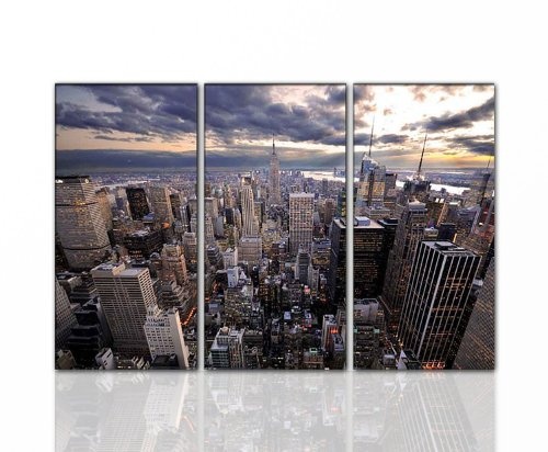 BERGER DESIGNS - 3 teilig Moderne Bilder günstig & modern (NY Skyline Panorama 3x 40x80 cm) HD New York Big Apple Deko Wandbilder fertig gerahmt auf Keilrahmen xxl groß. Schöner Kunstdruck auf echter Leinwand. Preiswert Günstig inkl Rahmung. Bild Style St