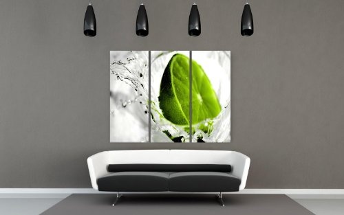 Top Preis !!! Foto Bild 3 teilig xxl günstig & modern - UVP 79,- Euro (Lemon_3x40x80cm) Bild auf echter Leinwand als Kunstdruck mit Rahmen aus Holz. Bilder Motiv (Frucht Obst Limette Limone Zitrone Wasser Abstrakt) . Schöner wohnen mit modern Art Bilder.