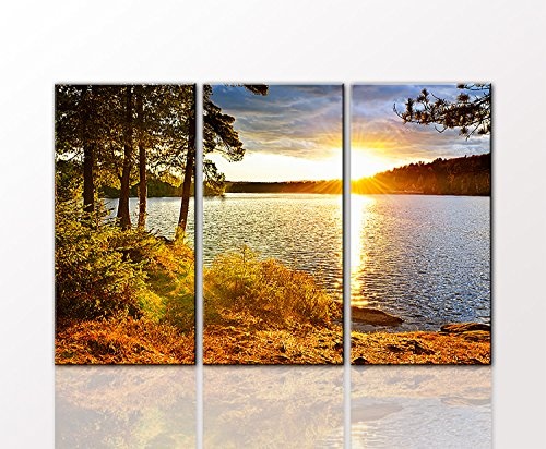 Landschaftsbild als 3 teiliger Kunstdruck "Am See" 80 x 125cm (3x40x80cm) auf Leinwand und Holzkeilrahmen (Natur, Landschaft, See, Wald, Sonnenaufgang, Ruhe, Erholung) - Beste Qualität, handgefertigt in Deutschland - Ganz einfach auspacken, aufhängen und