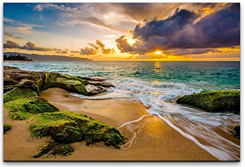 bestforhome 150x100cm Leinwandbild Sandstrand auf Hawaii bei Sonnenuntergang Leinwand auf Holzrahmen