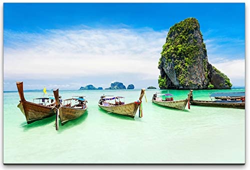 bestforhome 150x100cm Leinwandbild Longtailboote am Strand in Thailand Leinwand auf Holzrahmen