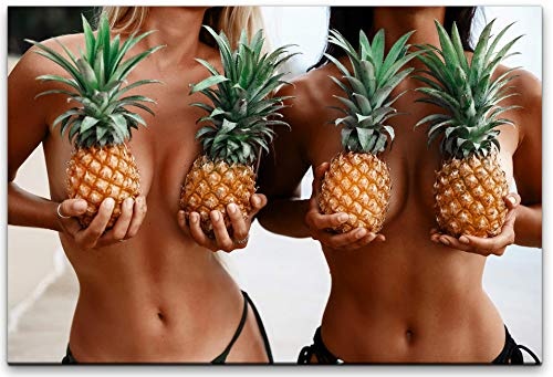 bestforhome 180x120cm Leinwandbild sexy Mädchen mit Ananas vor der Brust Leinwand auf Holzrahmen