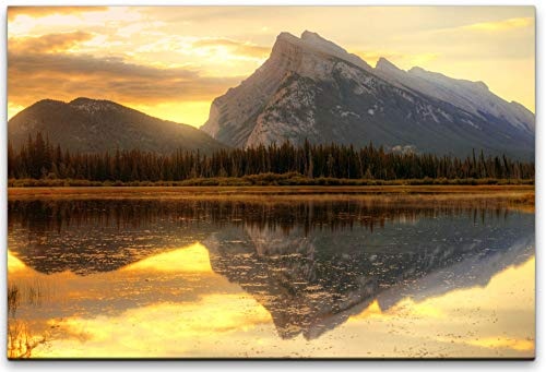 bestforhome 120x80cm Leinwandbild Berge spiegeln Sich im See Banff National Park Leinwand auf Holzrahmen