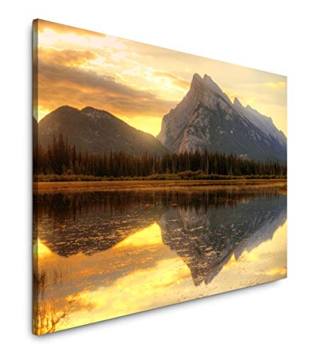 bestforhome 120x80cm Leinwandbild Berge spiegeln Sich im See Banff National Park Leinwand auf Holzrahmen