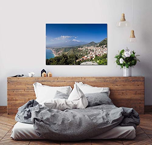 bestforhome 150x100cm Leinwandbild Taormina Sizilien mit Ätna Vulkan Leinwand auf Holzrahmen