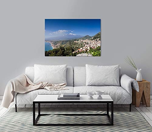 bestforhome 150x100cm Leinwandbild Taormina Sizilien mit Ätna Vulkan Leinwand auf Holzrahmen
