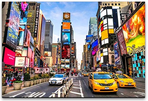bestforhome 120x80cm Leinwandbild New York City mit Yellow Taxi Cab und bunter Werbung Leinwand auf Holzrahmen